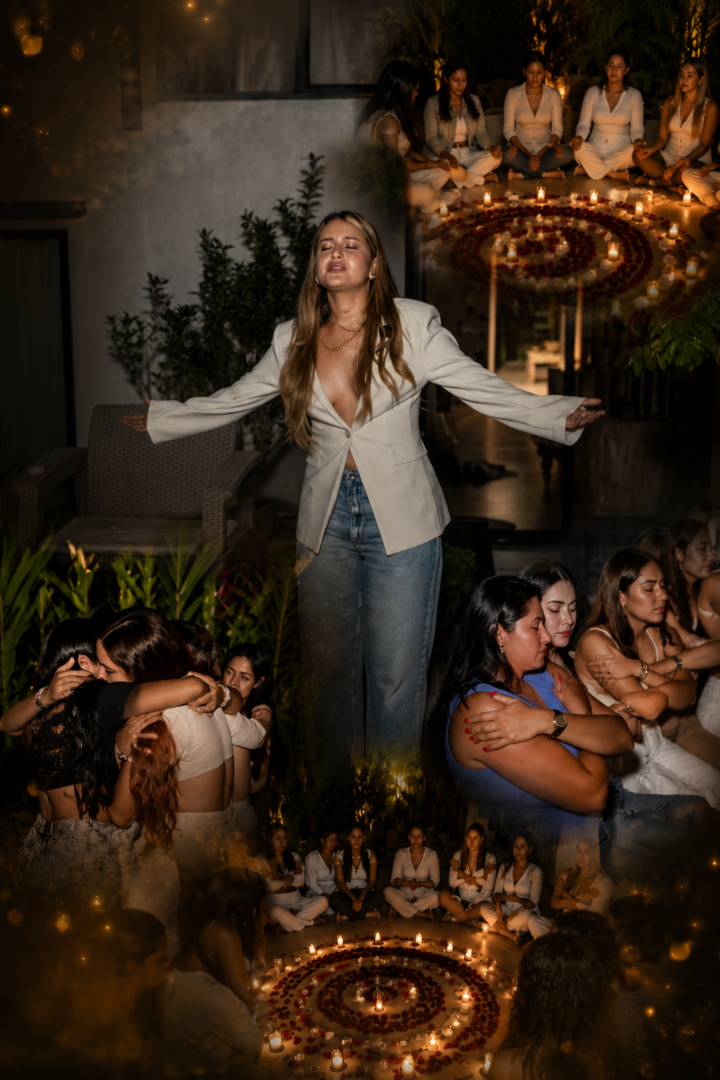 Mujer en ceremonia rodeada de mujeres y velas